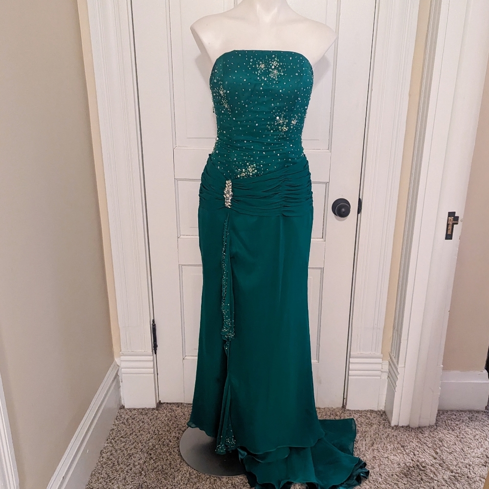 Tiffany Designs green strapless dress with  silver beading & front slit size 12